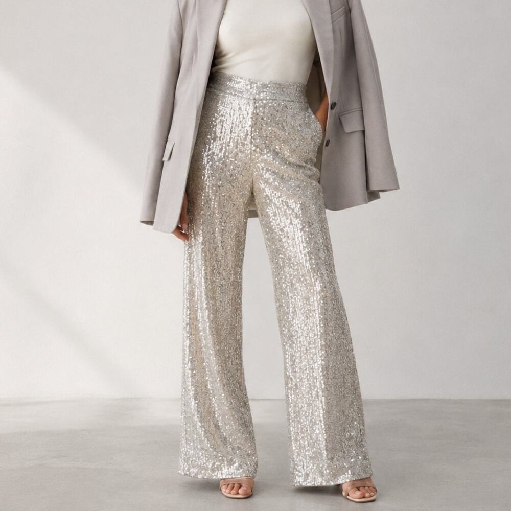 NWT Banana Republic Gold/Silver High Rise Wide Leg Lined Sequin Pants, size XSP